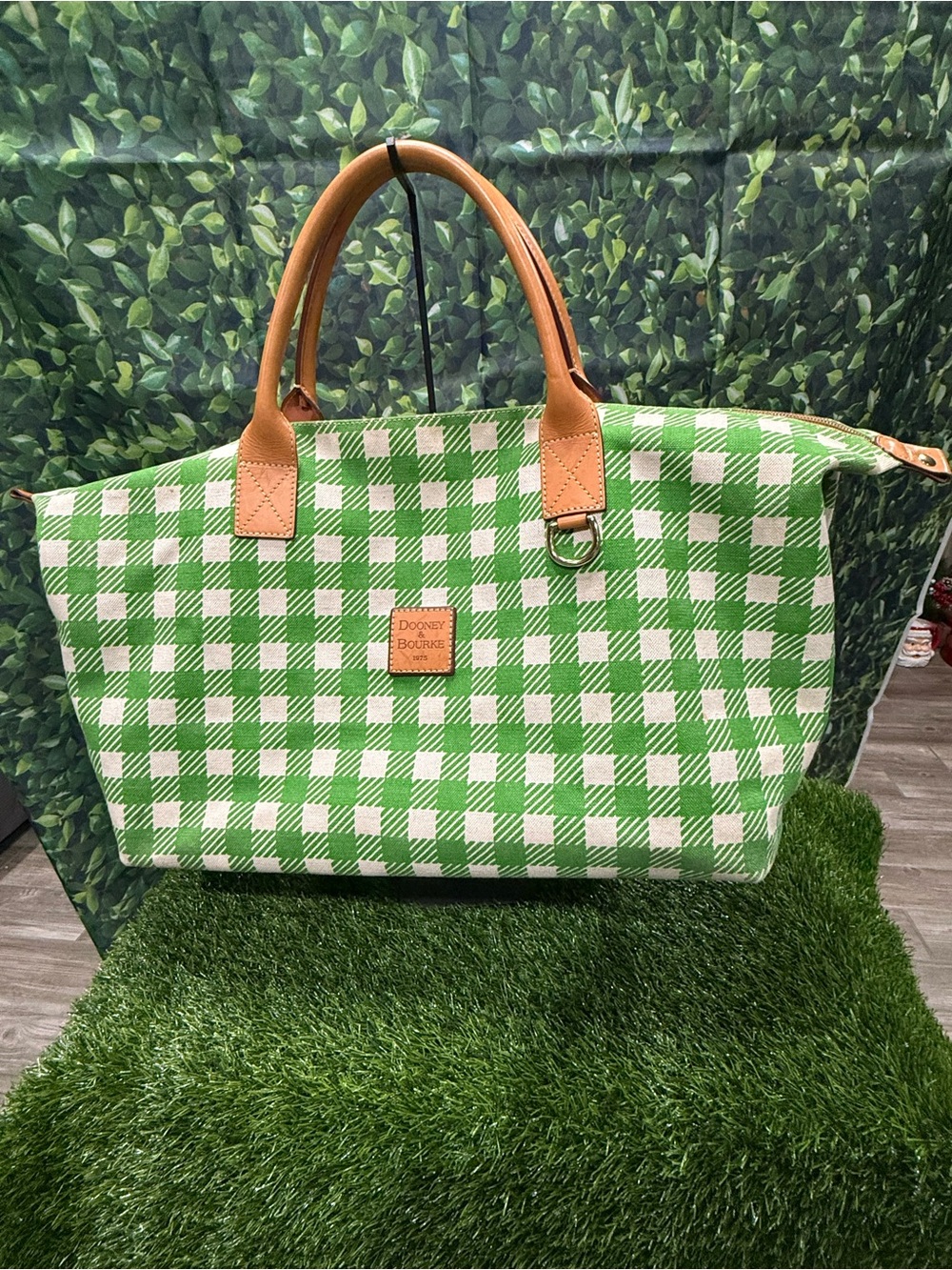 Dooney & Bourke Green Checkered Tote with Brown Accents